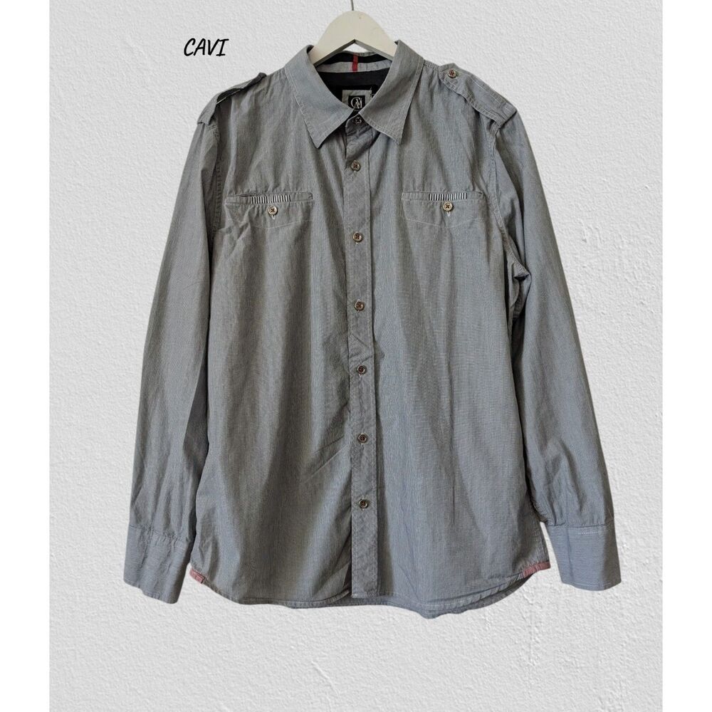 CAVI Men’s XL Gray Button Down Shirt Military Style Long Sleeve